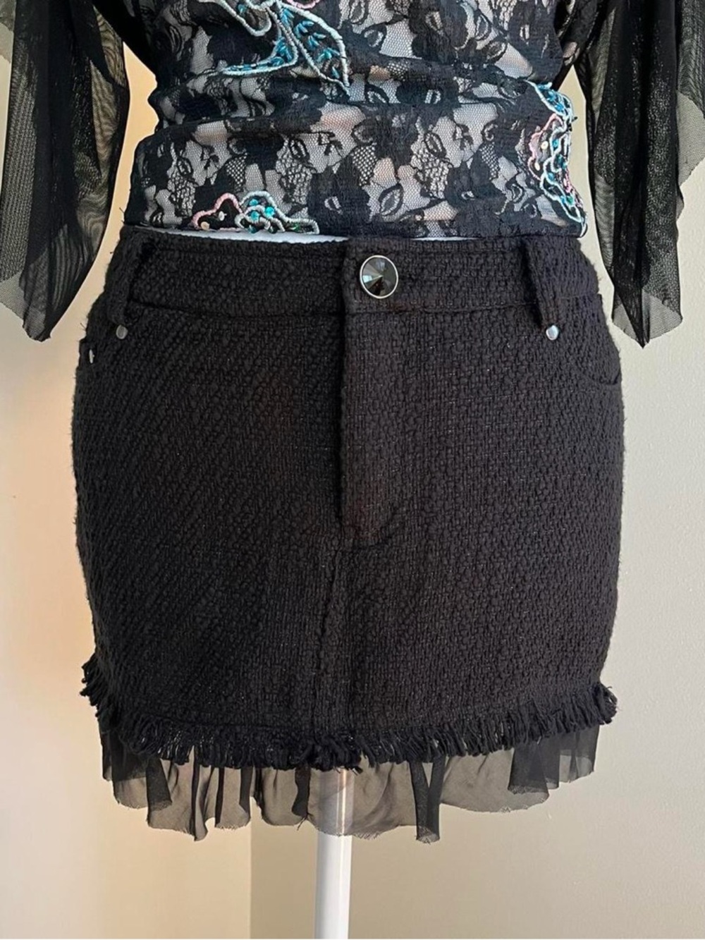 Vintage Y2K fairy preppy goth black sheer ruffle micro mini skirt knit tweed S